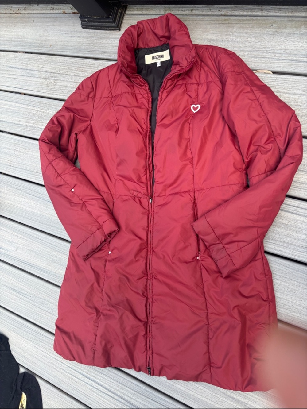 Moschino vintage Red Quilted Long Puffer Jacket with Heart Logo hidden hood